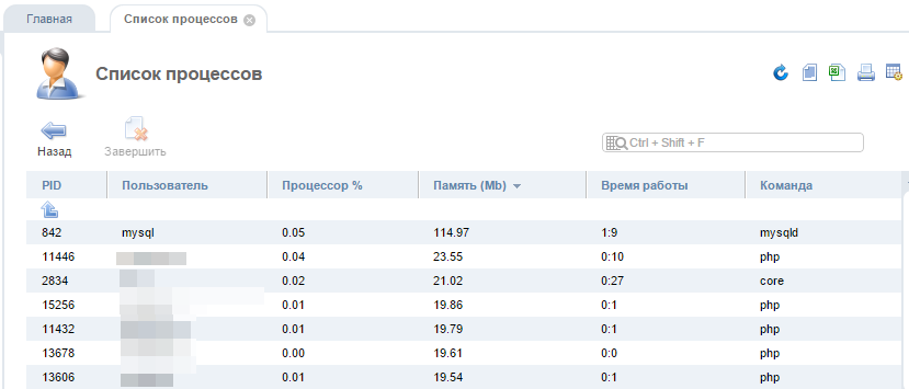 ISPmanager 5 Lite - Список процессов